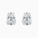 Pair of silver earrings with large clear gemstones on a white background