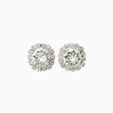 Pair of silver stud earrings with clear gemstones on a white background