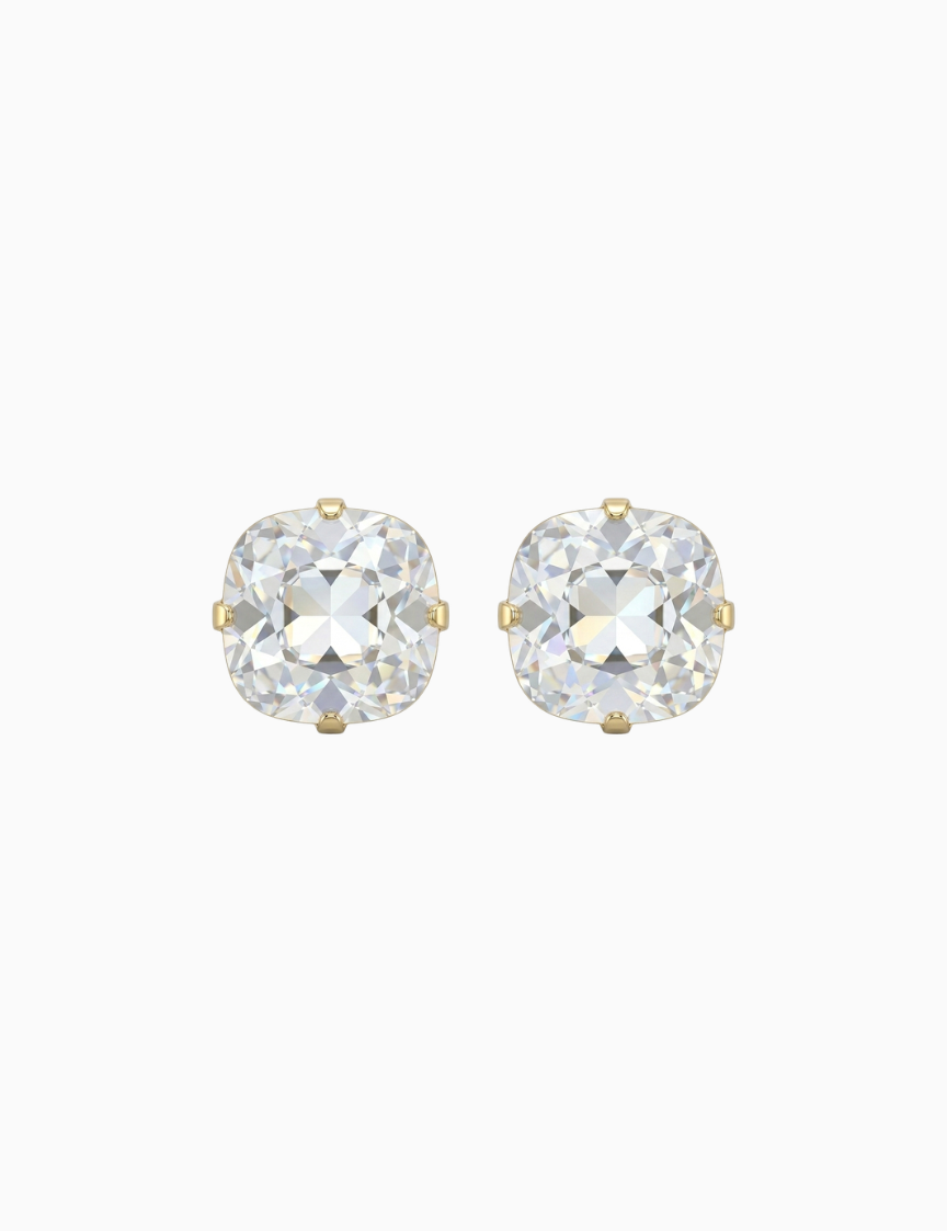 Pair of round crystal stud earrings on a white background