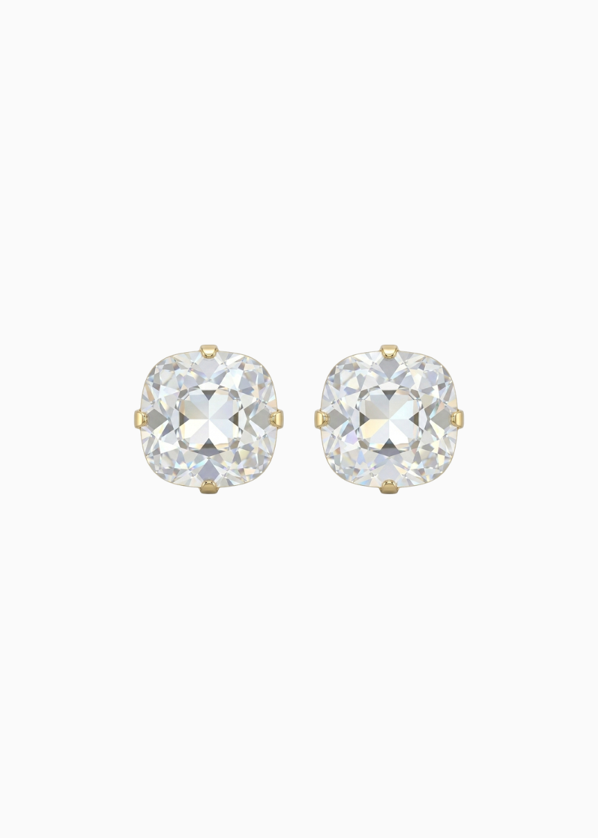Pair of round crystal stud earrings on a white background