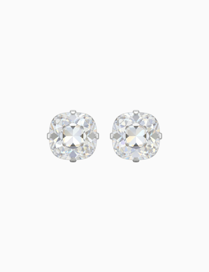 Pair of round crystal stud earrings on a white background