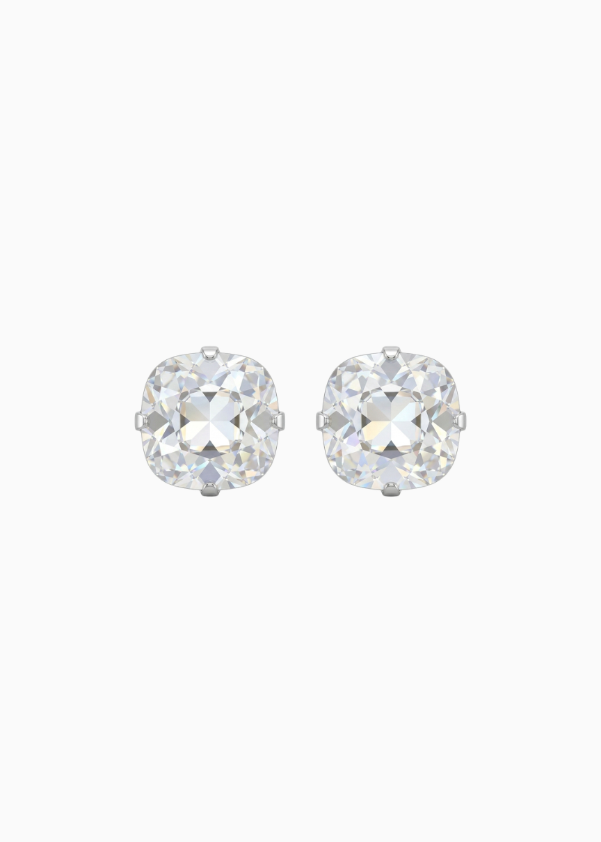 Pair of round crystal stud earrings on a white background