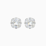 Pair of round crystal stud earrings on a white background