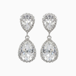 Pair of teardrop-shaped crystal earrings on a white background