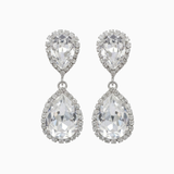 Pair of teardrop-shaped crystal earrings on a white background