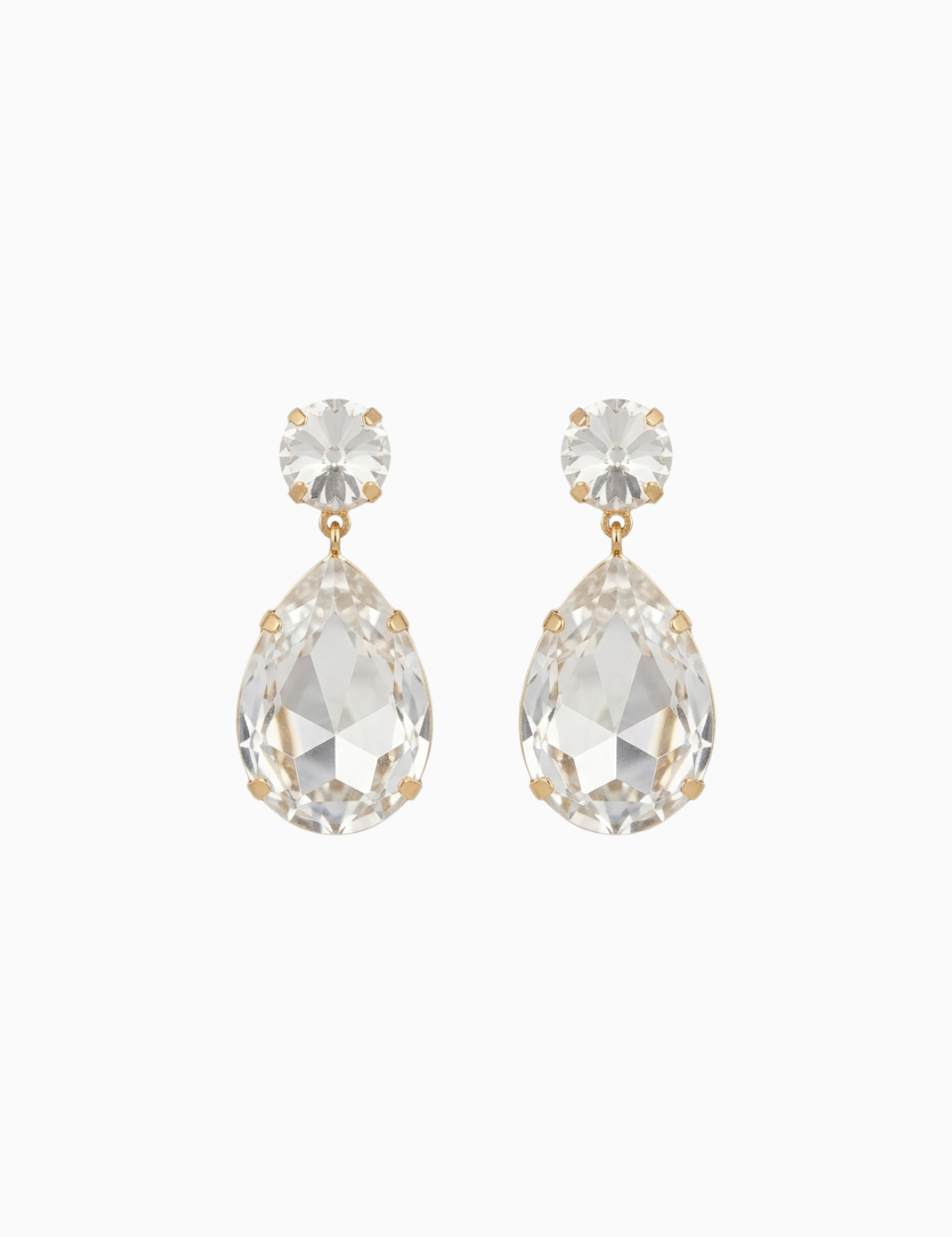 Pair of teardrop-shaped earrings with clear gemstones on a white background
