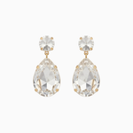 Pair of teardrop-shaped earrings with clear gemstones on a white background