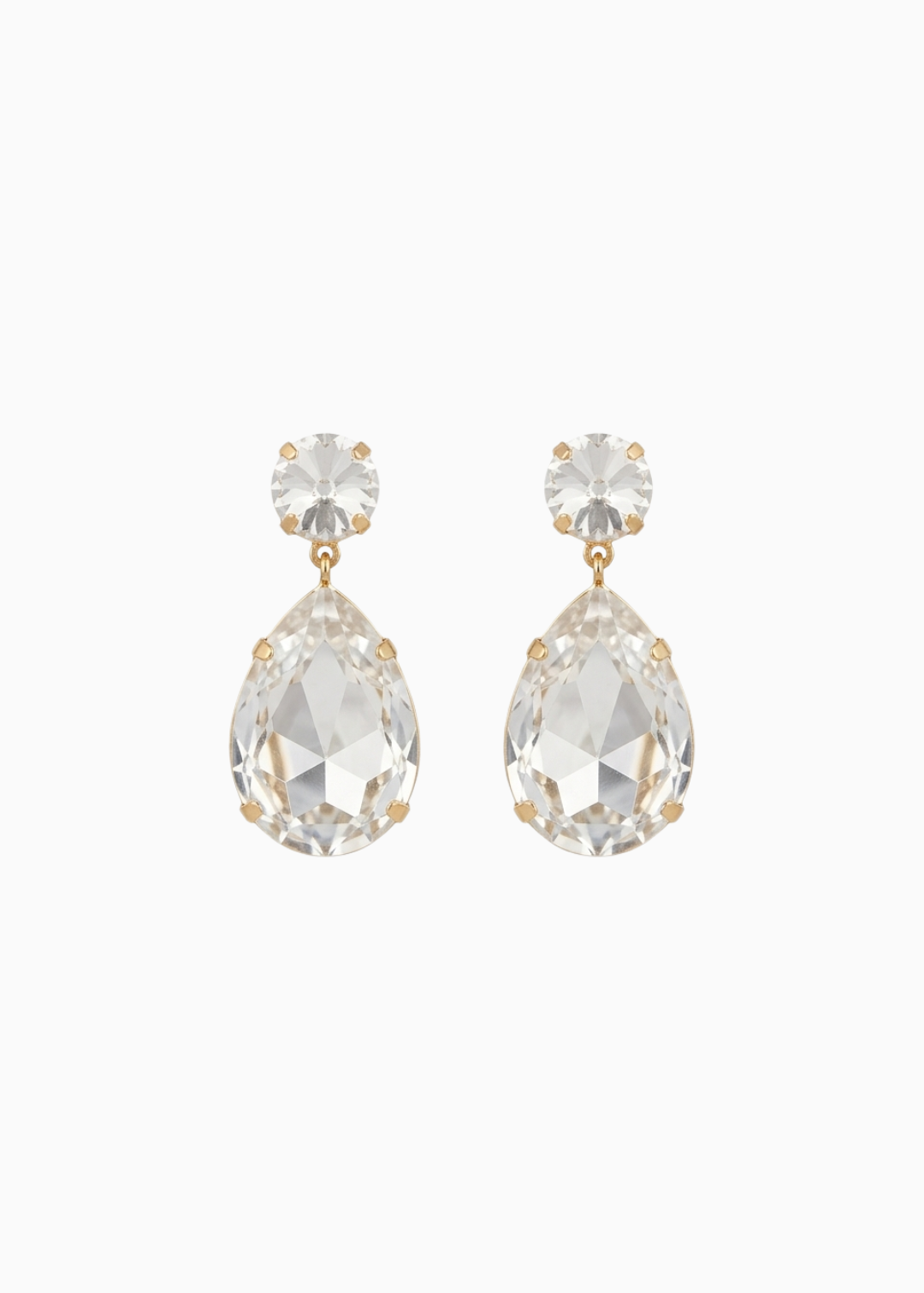 Pair of teardrop-shaped earrings with clear gemstones on a white background