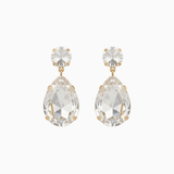 Pair of teardrop-shaped earrings with clear gemstones on a white background