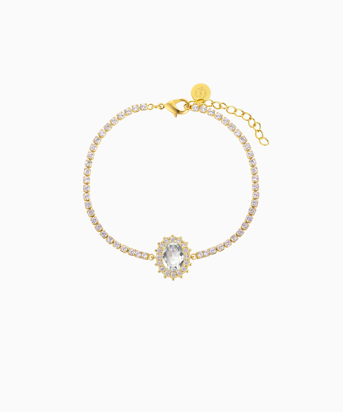 A gold-plated bracelet featuring a central oval crystal surrounded by smaller shimmering crystals, with a extender chain.