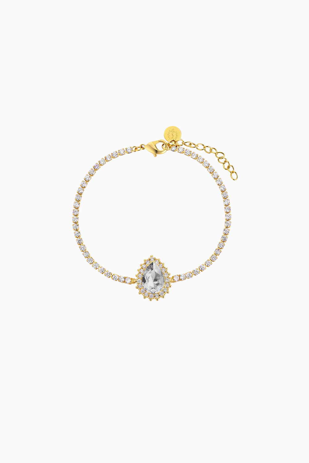 A gold-plated bracelet featuring a teardrop-shaped halo surrounded by shimmering crystals, with a adjustable chain closure.