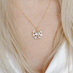 A person wearing a white v-neck top showcasing a gold-plated necklace with a floral pattern and a central heart-shaped crystal pendant.