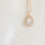 Gold Plated Teardrop Crystal Halo Pendant Necklace