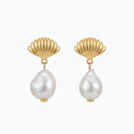 Pair of earrings with gold shell designs and pearl drops on a white background