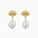 Pair of earrings with gold shell designs and pearl drops on a white background
