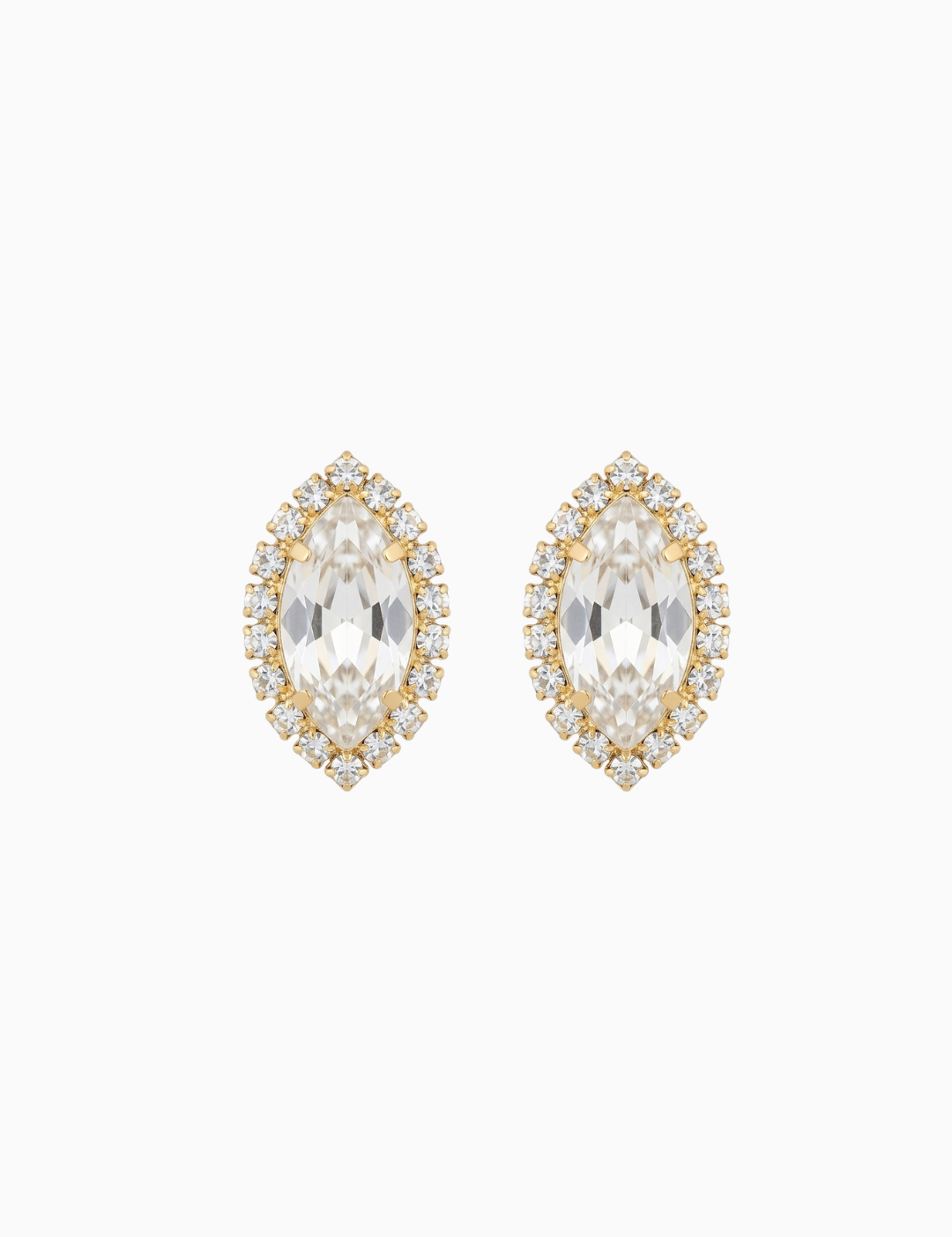 Pair of gold and clear crystal earrings on a white background