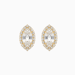 Pair of gold and clear crystal earrings on a white background