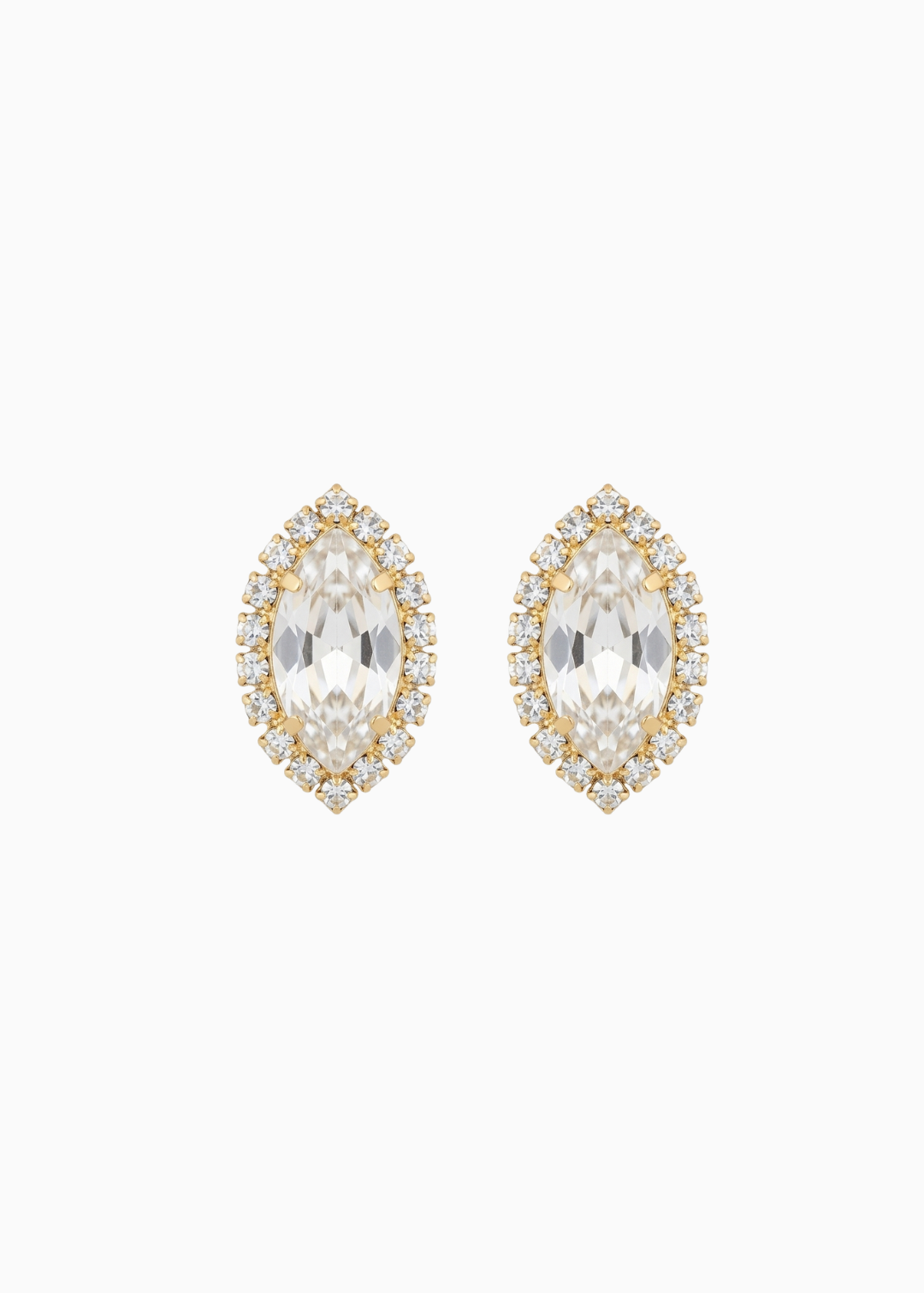 Pair of gold and clear crystal earrings on a white background