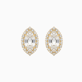 Pair of gold and clear crystal earrings on a white background