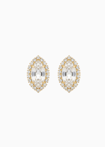 Pair of gold and clear crystal earrings on a white background