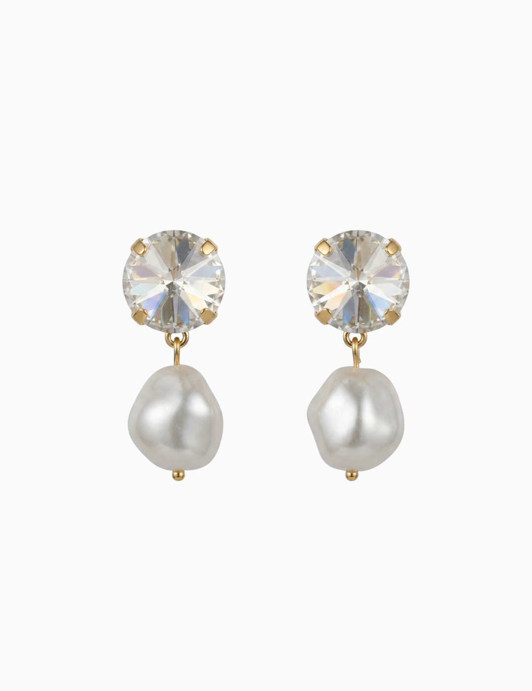 Pair of earrings with crystal and pearl design on a white background