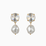 Pair of earrings with crystal and pearl design on a white background