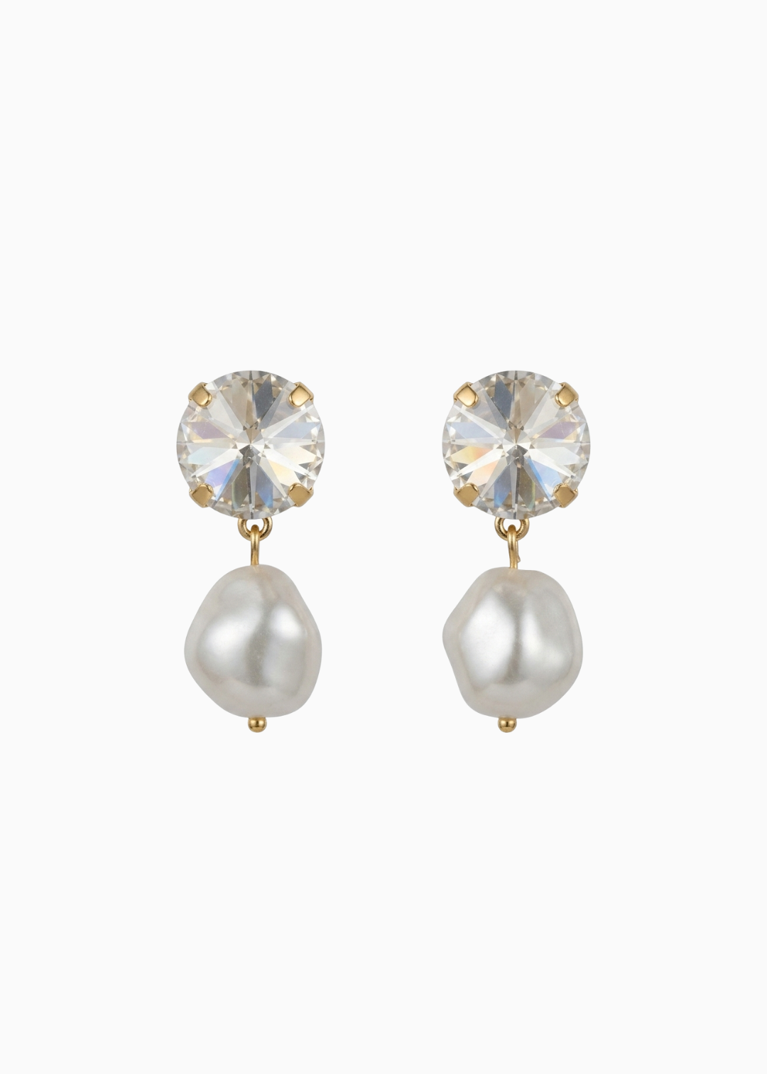 Pair of earrings with crystal and pearl design on a white background