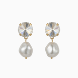 Pair of earrings with crystal and pearl design on a white background
