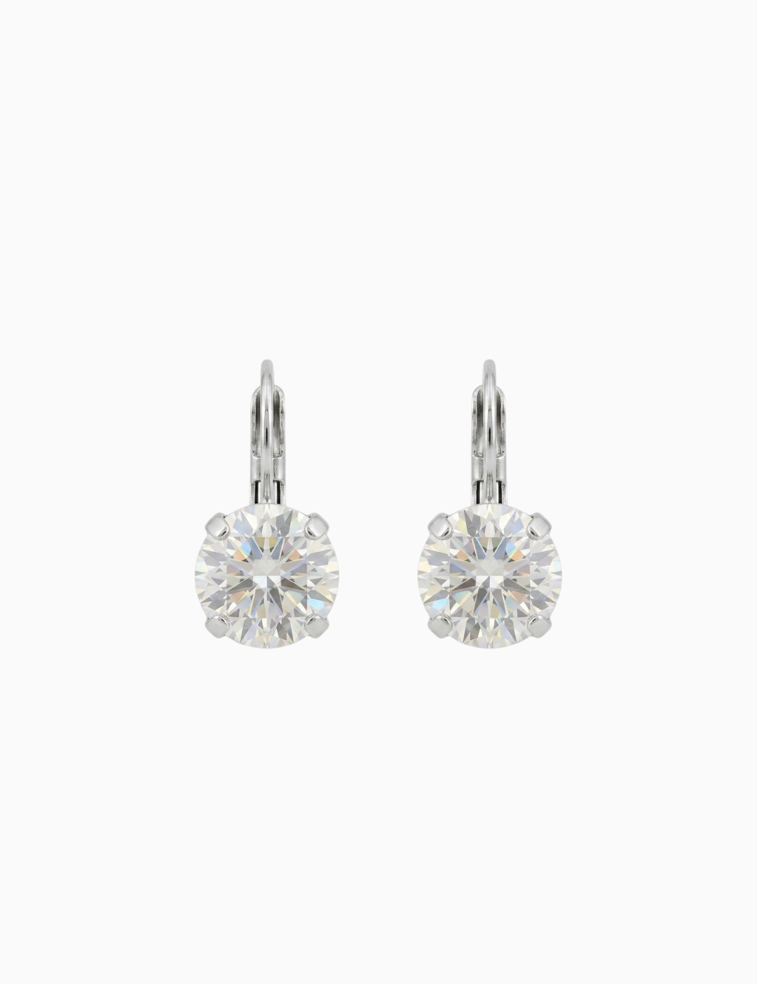 Pair of silver leverback hoop earrings with clear gemstones on a white background