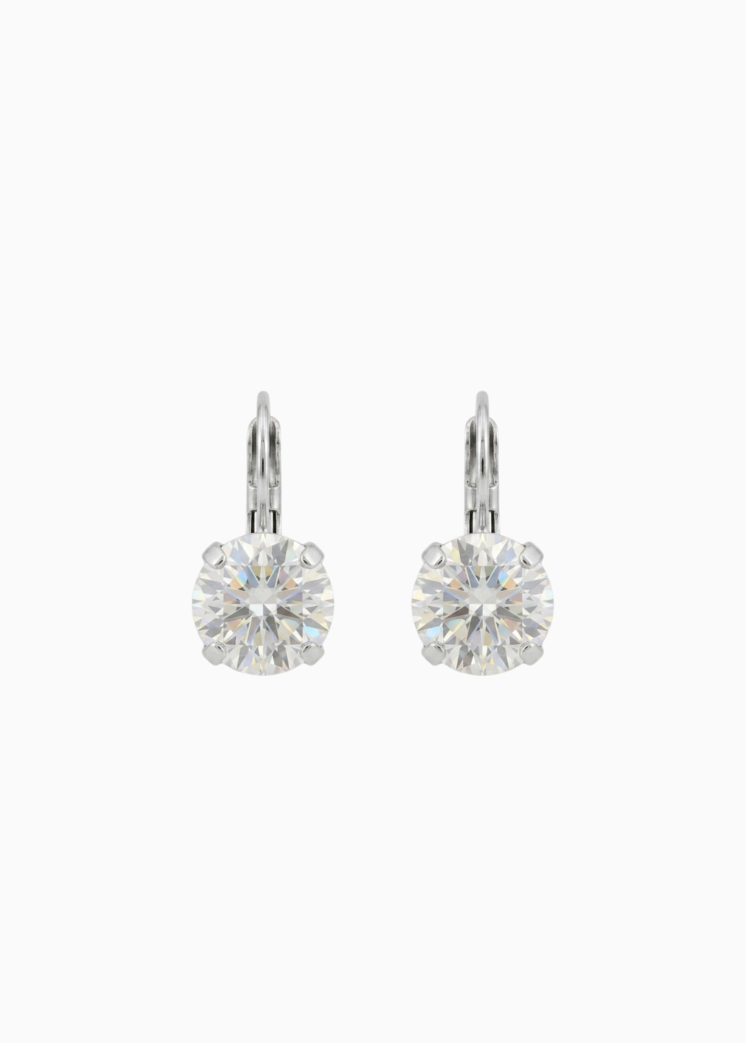 Pair of silver leverback hoop earrings with clear gemstones on a white background