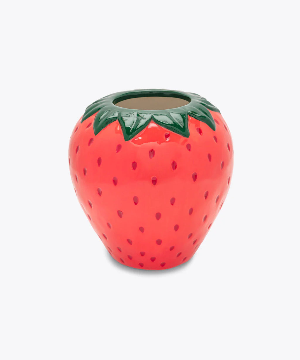Ceramic strawberry-shaped planter on a white background