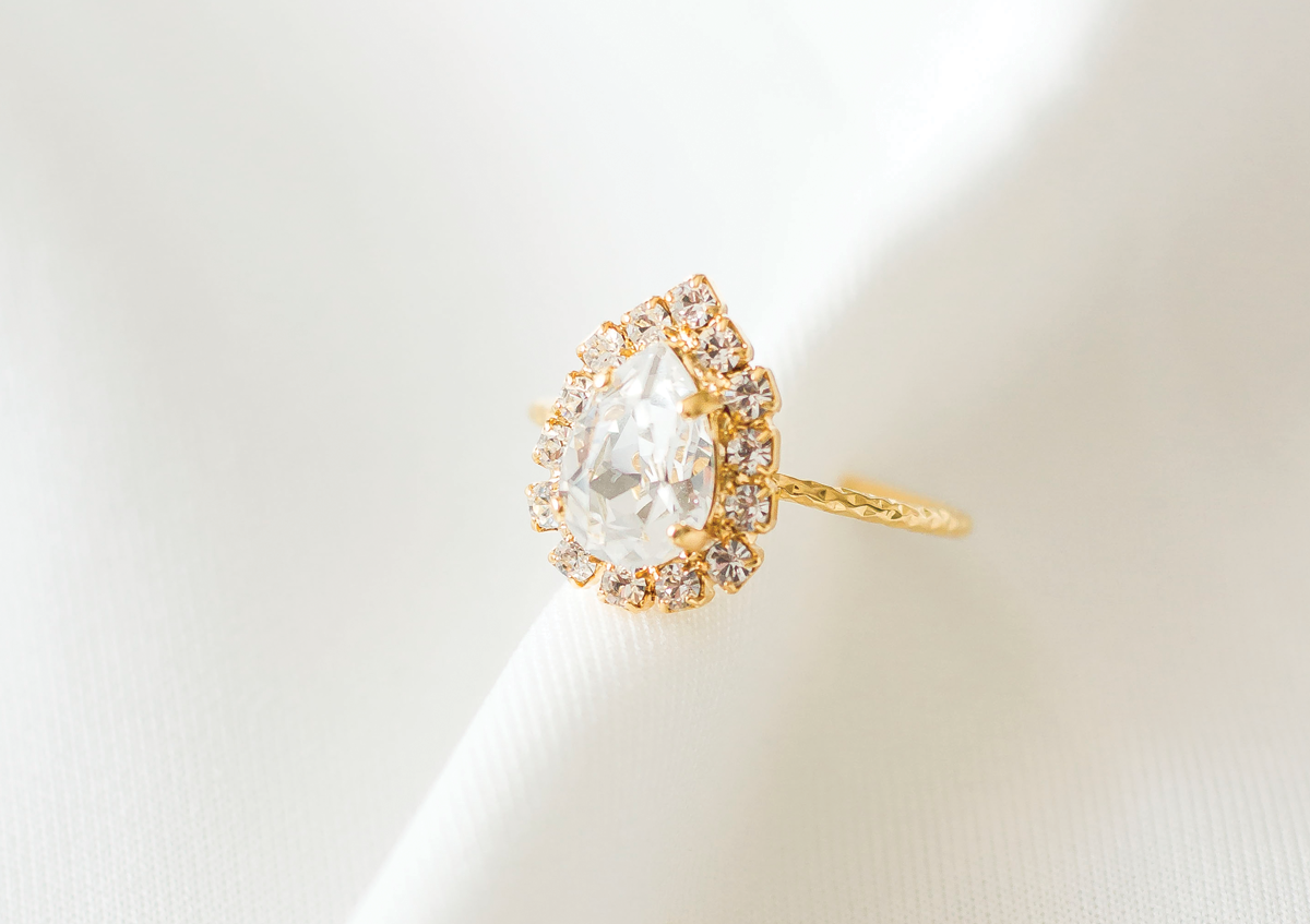 Sparkling Cinderella Ring, jewelry designed with Glamour, royalty and elegance in mind by Sarah Gauci in Malta. Crystal. 18K gold plated.