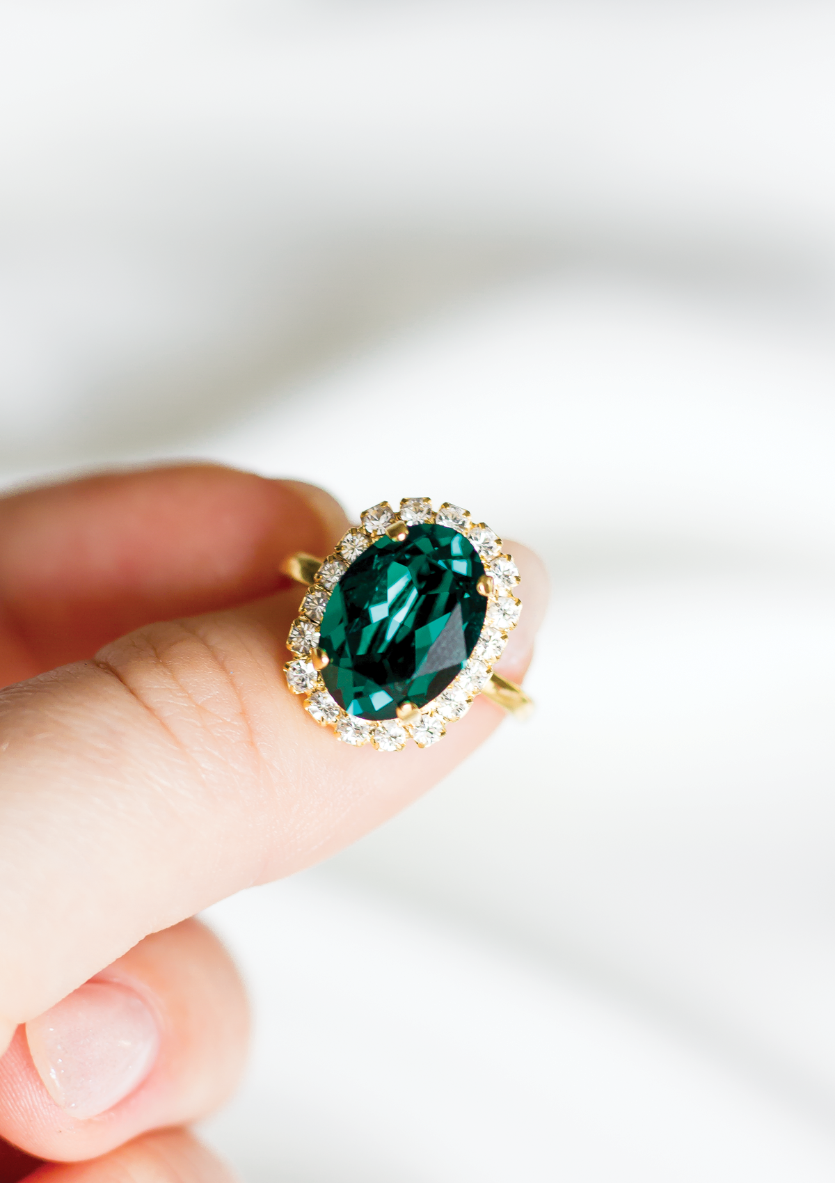 Diana Ring, jewelry designed and made by Sarah Gauci in Malta. Emerald. Gold or Rose gold plated.