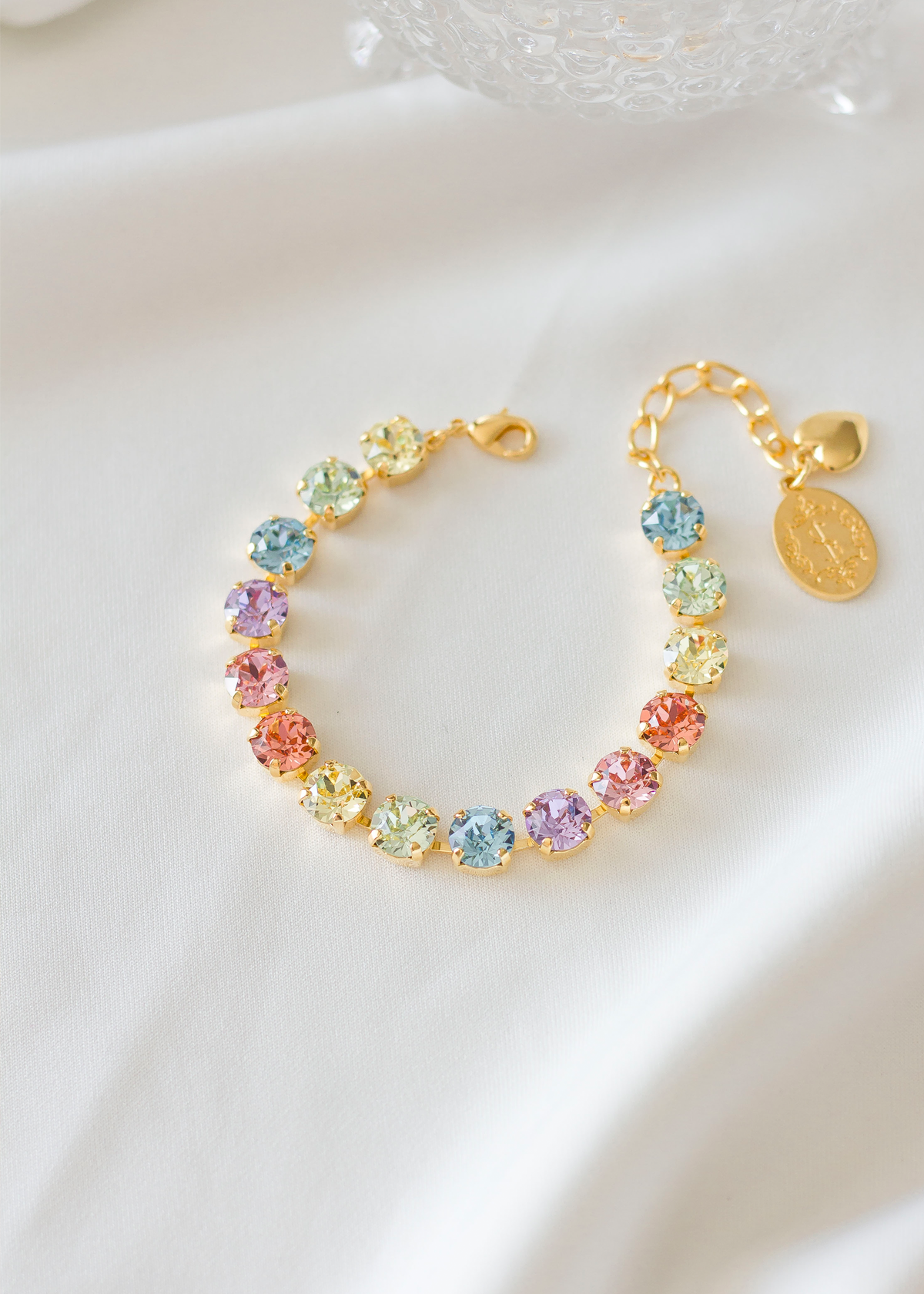 Sparkling Stars Bracelet, jewelry designed and made by Sarah Gauci in Malta. 8mm Pastel Crystals. 16K gold plated, Rose Gold or silver plated.