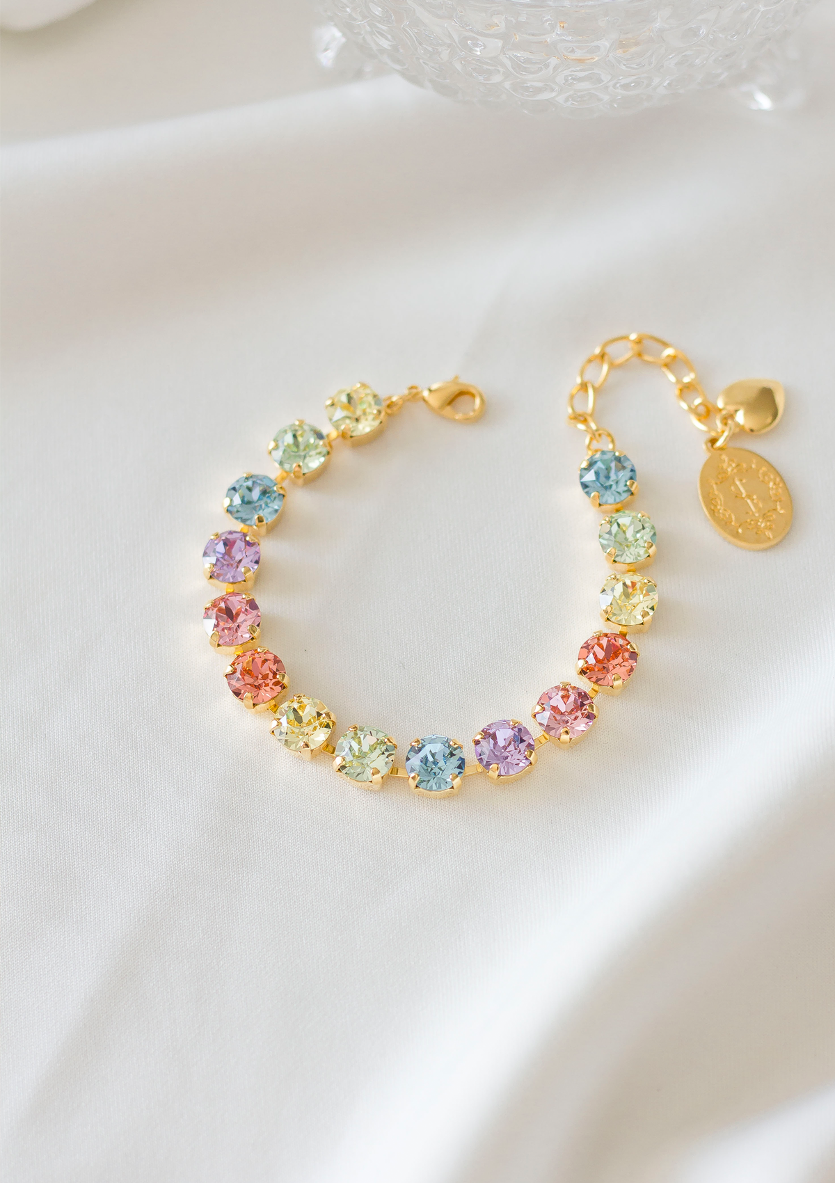 Sparkling Stars Bracelet, jewelry designed and made by Sarah Gauci in Malta. 8mm Pastel Crystals. 16K gold plated, Rose Gold or silver plated.
