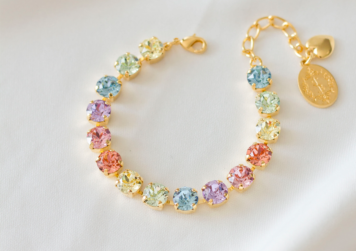 Sparkling Stars Bracelet, jewelry designed and made by Sarah Gauci in Malta. 8mm Pastel Crystals. 16K gold plated, Rose Gold or silver plated.