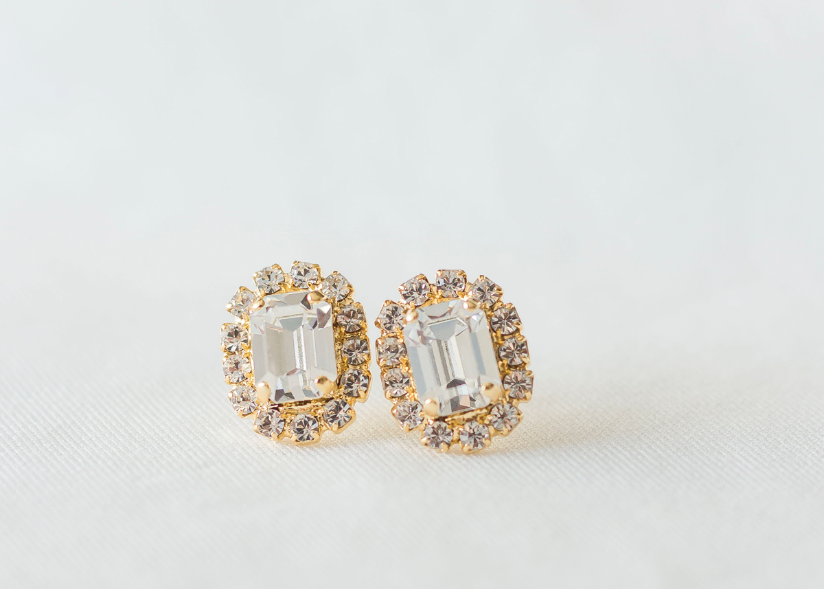 Cambridge Earrings, jewelry designed with Glamour, royalty and elegance in mind by Sarah Gauci in Malta. Crystal. 24K gold plated. 