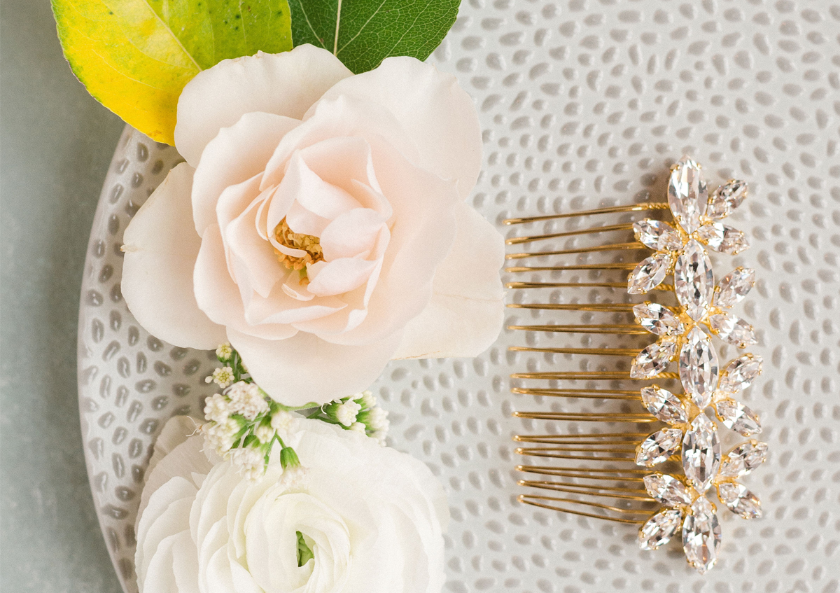 Stella Bridal Comb, jewelry designed and made by Sarah Gauci in Malta. 24K Gold Plated.