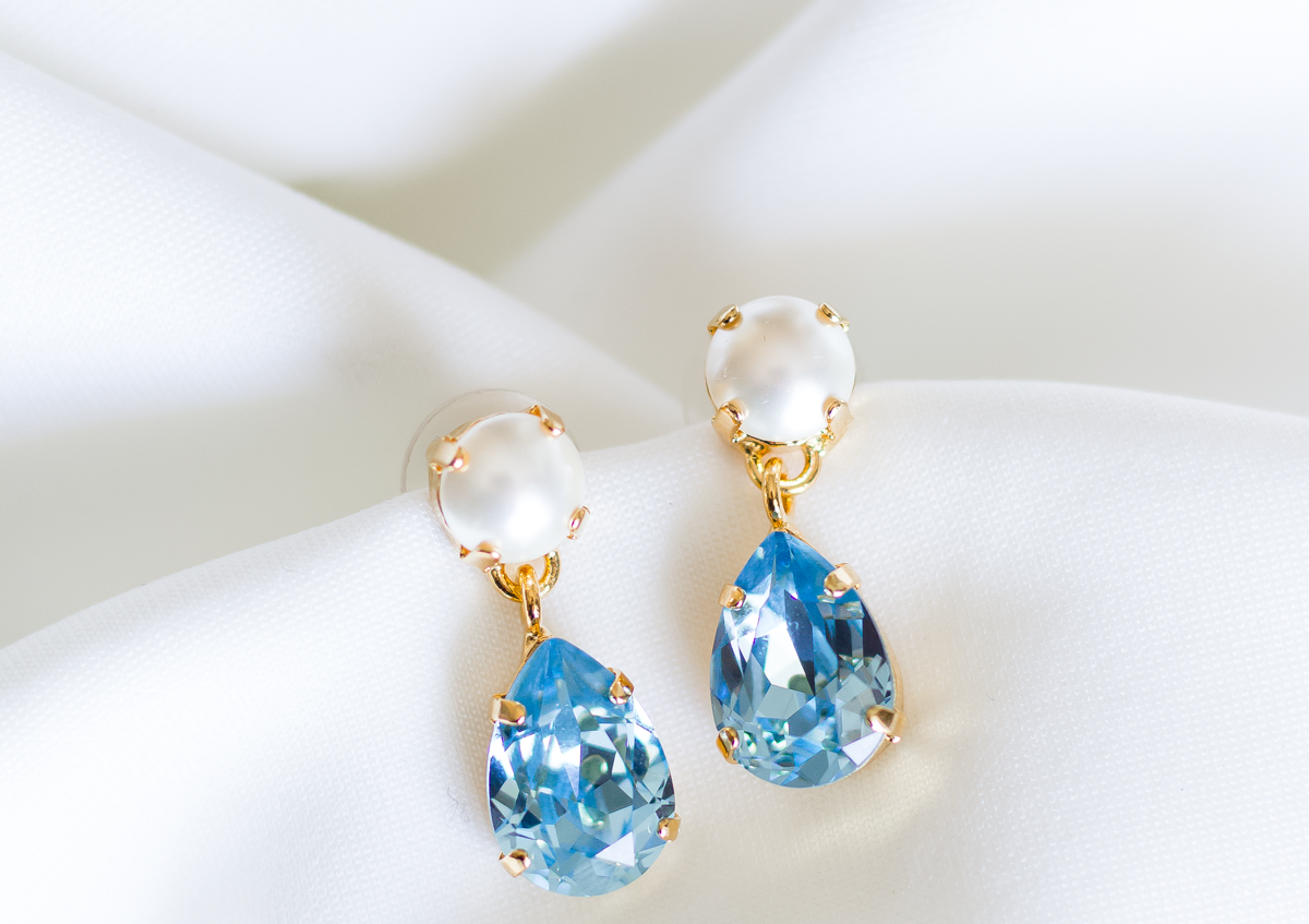 Sara Drops, jewelry designed and made by Sarah Gauci in Malta. 2.4cm length. Aquamarine & Pearl. Gold or Rose Gold Plated.