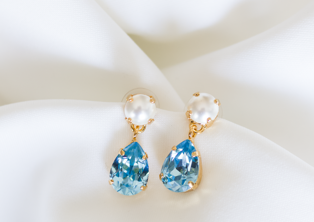 Sara Drops, jewelry designed and made by Sarah Gauci in Malta. 2.4cm length. Aquamarine & Pearl. Gold or Rose Gold Plated.
