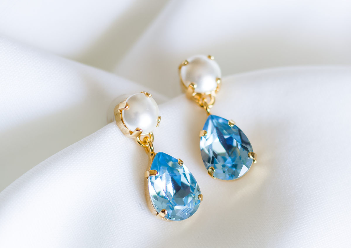 Sara Drops, jewelry designed and made by Sarah Gauci in Malta. 2.4cm length. Aquamarine & Pearl. Gold or Rose Gold Plated.