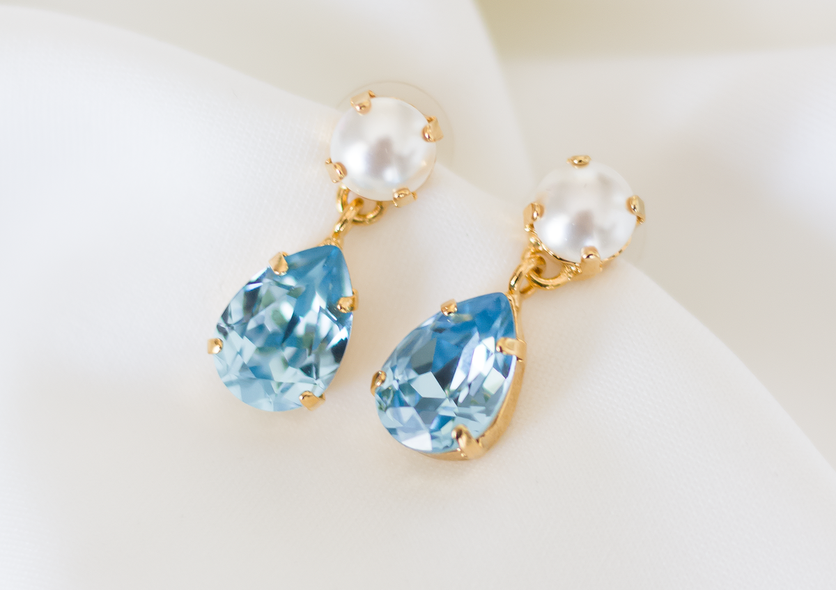 Sara Drops, jewelry designed and made by Sarah Gauci in Malta. 2.4cm length. Aquamarine & Pearl. Gold or Rose Gold Plated.