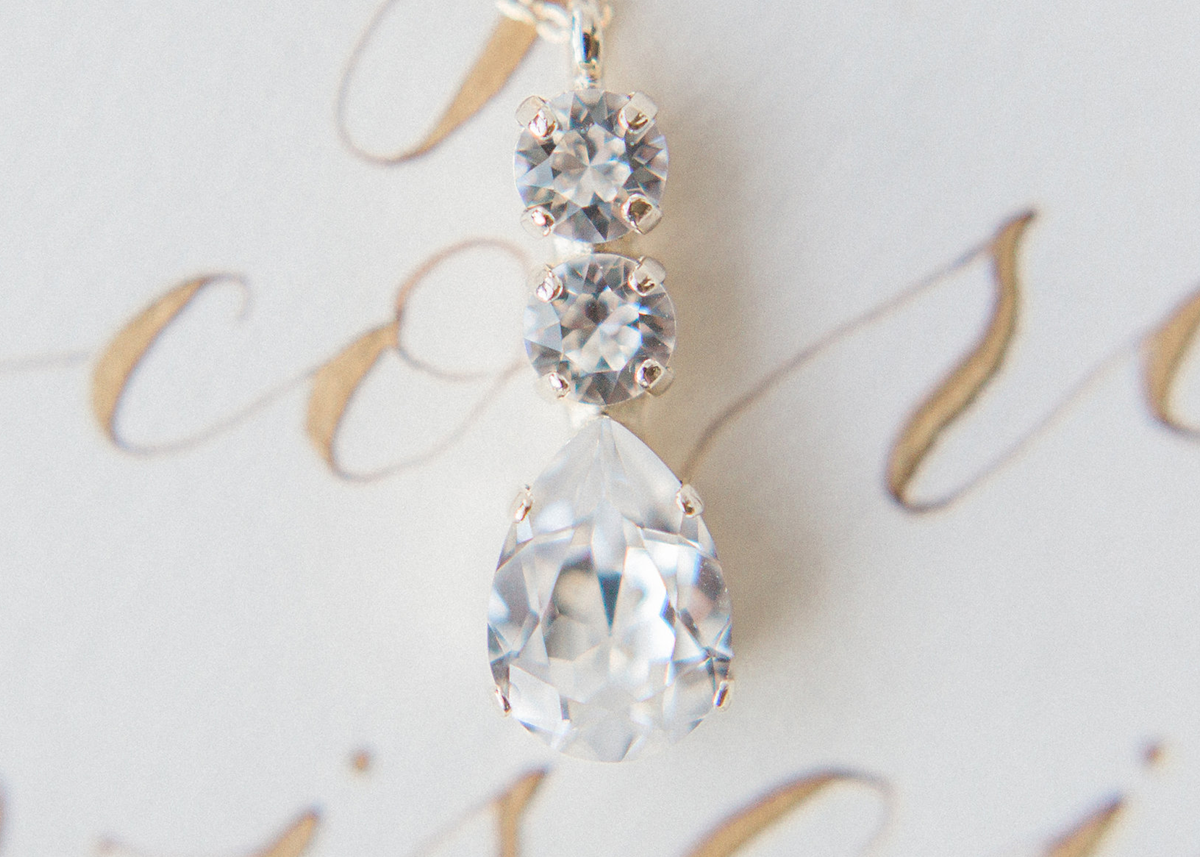 Brianna necklace in crystal, jewelry designed and made by Sarah Gauci in Malta. 925 Sterling Silver base Chain, 16K Gold, Rose Gold or Silver Plated.