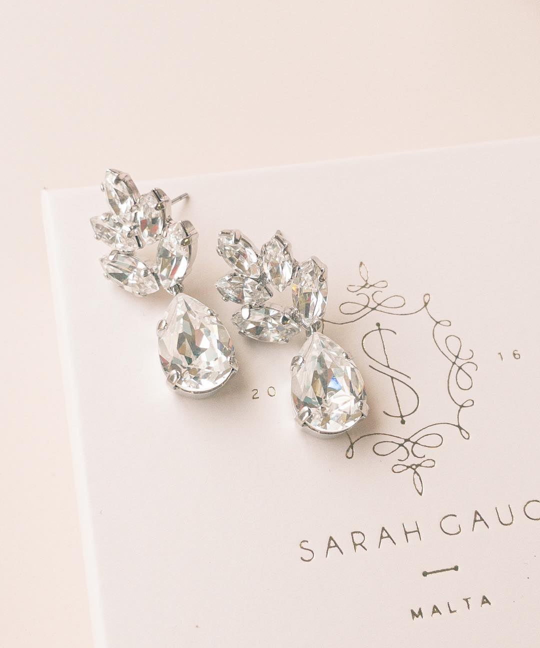 Crystal Silver Leaf Drop Stud Crystal Earrings by Sarah Gauci Wedding Jewelry