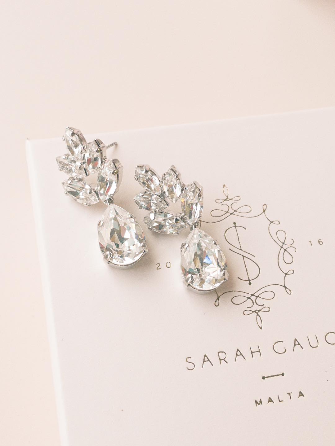 Crystal Silver Leaf Drop Stud Crystal Earrings by Sarah Gauci Wedding Jewelry